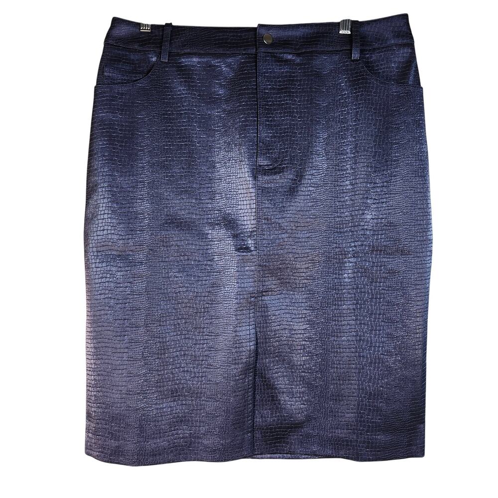 WAYF Croc Embossed Blue Metallic Faux Leather Midi Skirt Size Large